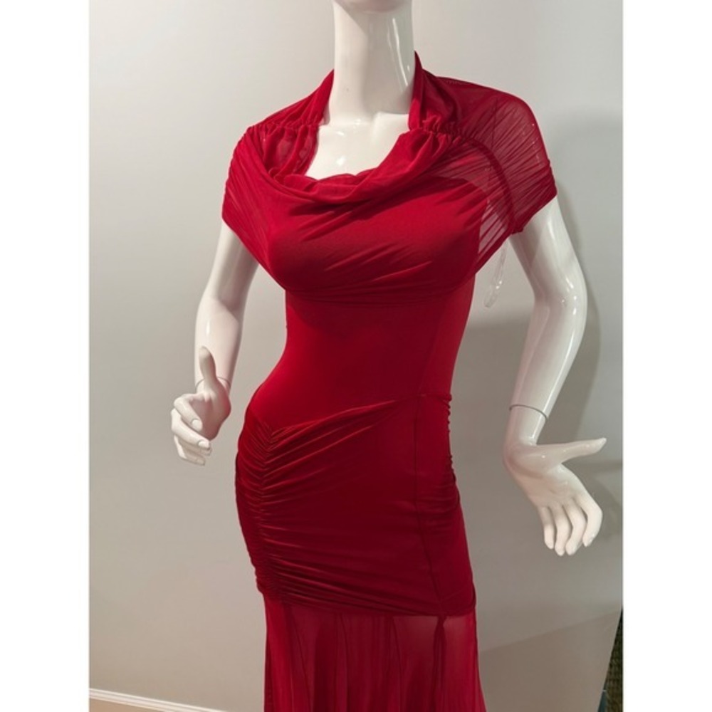 MESHKI Red Off Shoulder Ruched Mesh Maxi Dress Size XXl - Picture 9 of 17